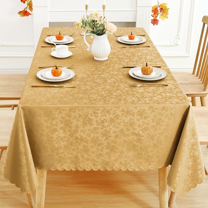 Smiry Rectangle Waterproof Heavy Duty Vinyl Tablecloths, 60 x 102 Inch | Wipeable Washable Floral Embossed Table Cover for Kitchen and Dining Room, Indoor & Outdoor Use, Gold - Image 8