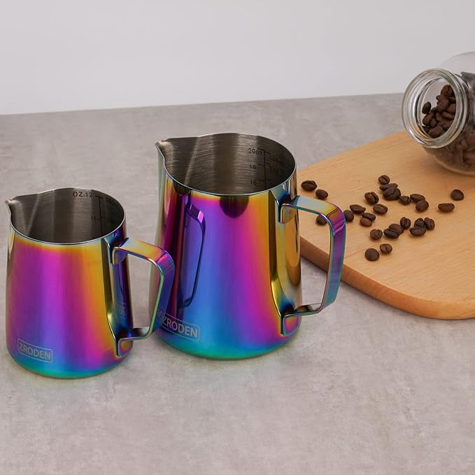 Milk Frothing Pitcher, 20oz Espresso Steaming Pitchers Stainless Steel Cappuccino Coffee Machine Accessories Barista Tools Steam Froth Pitchers Milk Jug Cup with Decorating Pen Latte Art, Rainbow