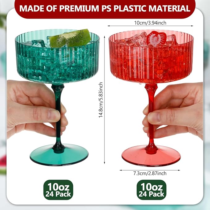 Jingmore 48 Pcs Ribbed Martini Glasses 10 oz Disposable Plastic Vintage Ribbed Coupe Glasses Unbreakable Dessert Parfait Glassware for Wedding Birthday Party Supplies (Red and Green) - Image 2