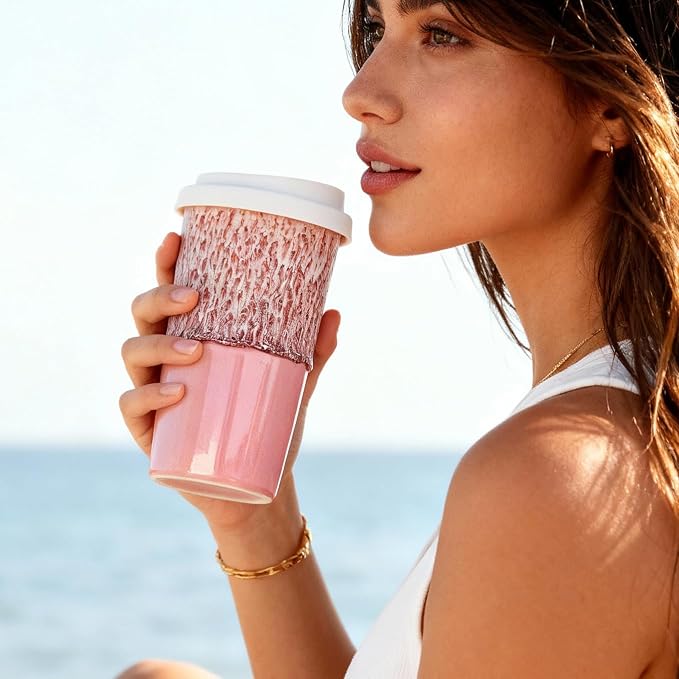 Ceramic Travel Mug with Lid (12 oz) – Cute Aesthetic Coffee Cup for Women, Stylish Reusable Travel Mug, Microwave & Dishwasher Safe, Fits Car Cup Holder (Icy Pink) - Image 5
