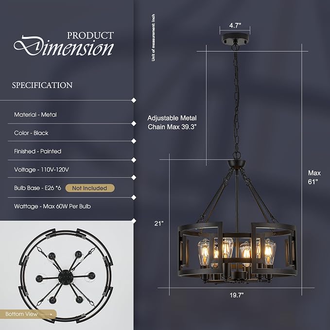 Modern 19.7" Black Chandelier for Dining Room Industrial Vintage Semi Flush Mount 6-Light Round Pendant Ceiling Light Fixture for Kitchen Bedroom Living Room Hallway Entryway Foyer - Image 2
