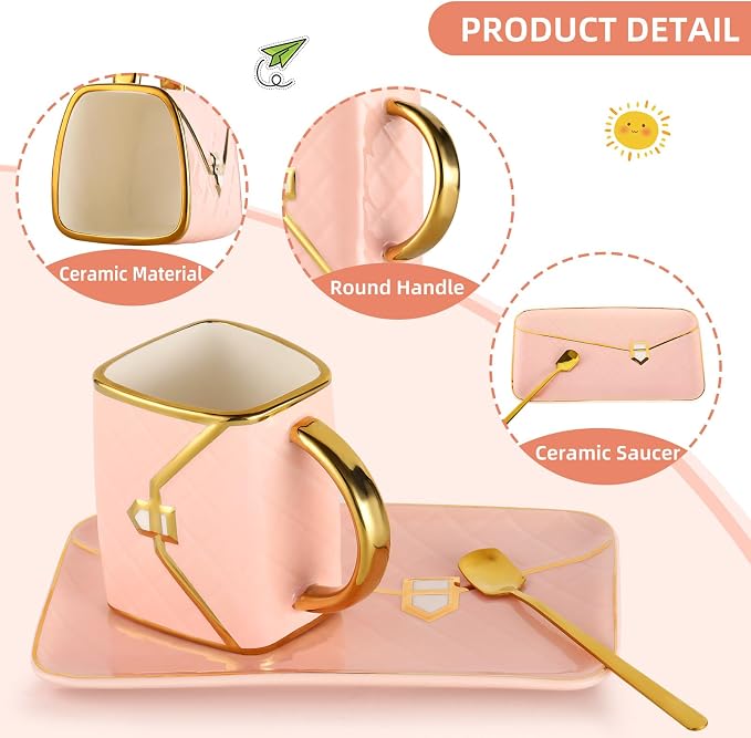 Pink Handbag Shaped Coffee Mug and Saucer,10 Oz Ceramic Purse Cup Set | 10 oz,ceramic,handbag mug with matching saucer,cute creative tea cup styling,for women and Thanksgiving - Image 4