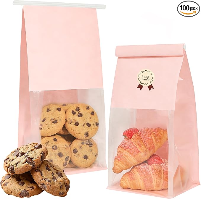 100 Bakery Bags with Window, 5.1x3.9x11 Inches Paper Bread Bags, Tin Tie Tab Lock Cookie Bags Food Storage Bag for Snacks, Popcorn, Candies, 120 pcs Stickers Included (100, Medium) by FUNCOO