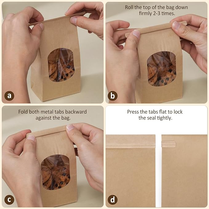 Eupako 3.54x2.36x6.7 Bakery Bags with Window 50 PCS Brown Kraft Paper Bags | Tin Tie Tab Lock Bags for Cookies, Coffee, Included 50 PCS Handmade Stickers - Image 3