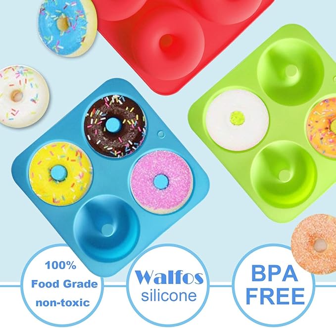 Walfos Full Size Silicone Donut Mold for Baking- 4 Inch Big Size Silicone Doughnut Pan Set for Donut Cake Biscuit Bagels, Heat Resistant, BPA FREE and Dishwasher Safe, Non-Stick, Just Pop Out! (4PK)