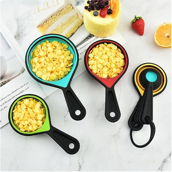 Premium Adjustable Measuring Cups and Spoons Set, 8-Piece | Collapsible Space-Saving Design for Easy Storage, Dishwasher Safe Silicone Kit for Baking, Cooking & Camping Essentials.