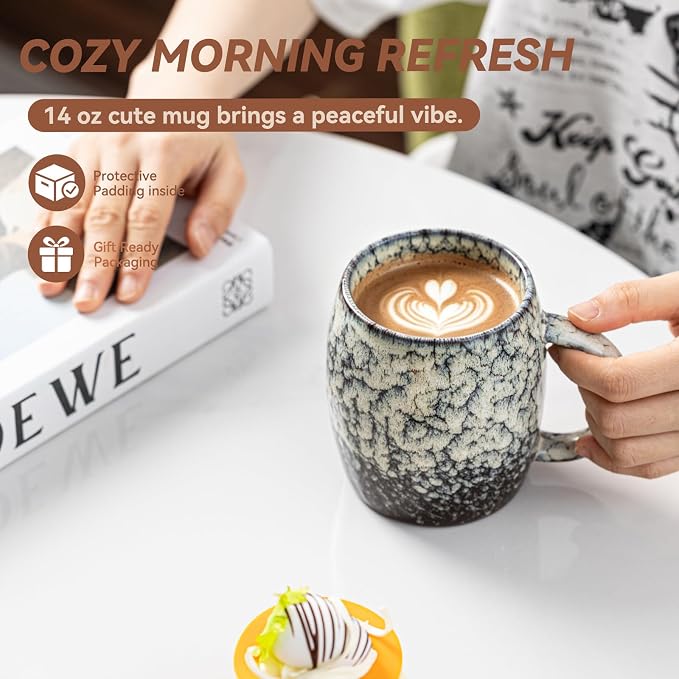 Ivory Nebula Ceramic Coffee Mug - 14 oz Unique Reactive Glaze Coffee Cup with Large Handle, Barrel Cute Mug for Women Men Home Office Gift - Image 5