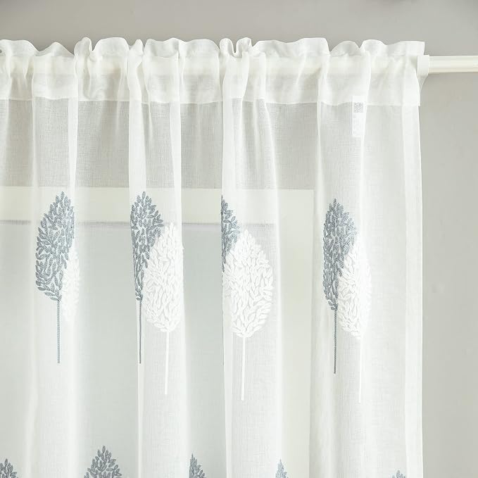 Rod Pocket Sheer Curtains Elegant Embroidered Banyan Leaves Design White Window Drapes/Panels for Living Room, 54 x 84,Two Panels - Image 7