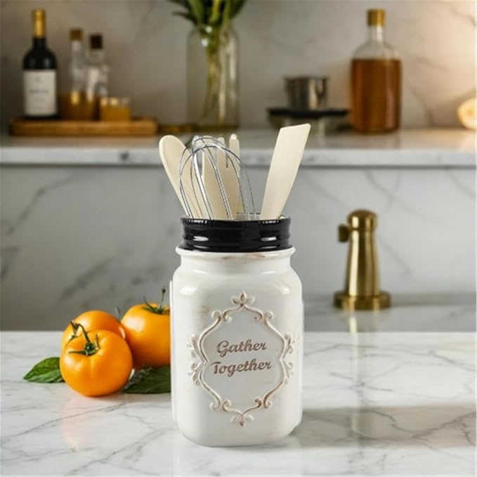 Young's Inc Farmhouse Ceramic Kitchen Tool Holder with Wooden Utensils, Decorative Gather Together Mason Jar Organizer for Kitchen Tools,10.5" - Image 9