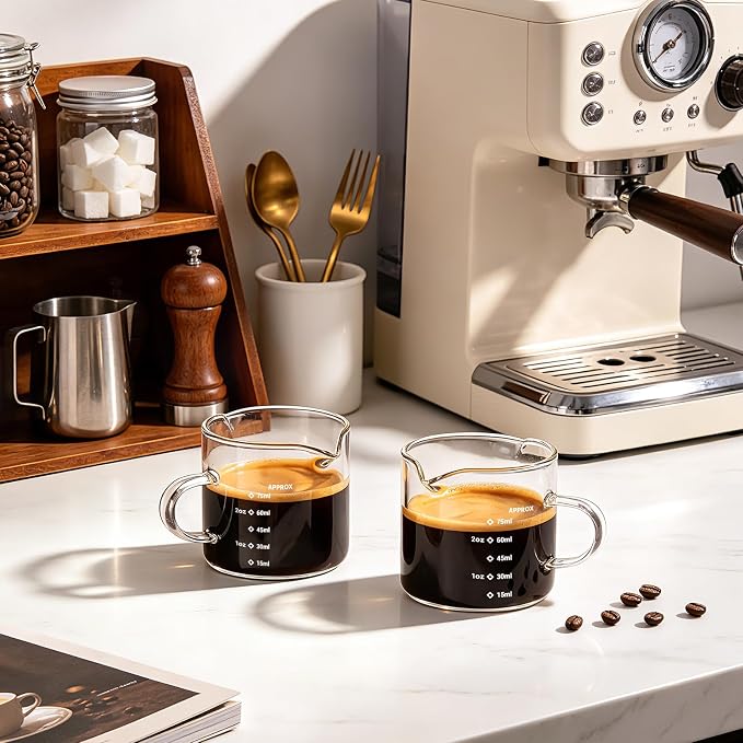 Espresso Cups Set of 2: Espresso Machine Accessories - Dual Scale Glass Measuring Cup and Espresso Shot Cups - Essential Coffee Bar Accessories - 4oz Glass Espresso Cup Set with Handled and Spout - Image 5