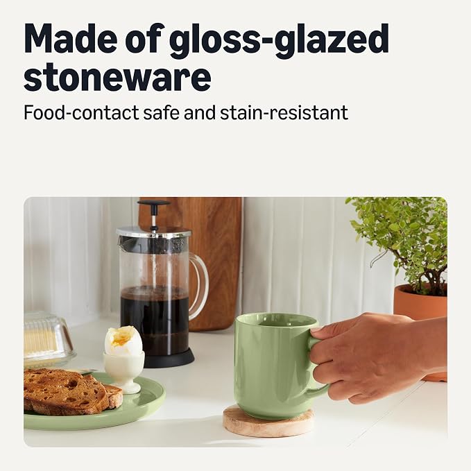 Amazon Basics Glazed Stoneware Coffee and Tea Mugs, Ceramic 4-Piece Set, 16 oz, Microwave, Freezer and Dishwasher-Safe, Stain-Resistant, Olive - Image 3