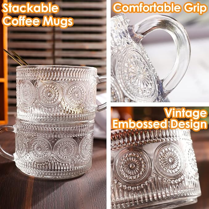 Vintage Glass Coffee Mugs Set of 4, 14 Ounces Embossed Glass Coffee Cups Stackable Coffee Mugs for Cereal, Yogurt, Latte, Clear Breakfast Cups with Handle for Beverages (Sunflower*4) - Image 5