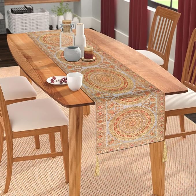 Indian Handmade Traditional Table Runner 72 x 16 Inch, Mandala Design Decorative Cloth with Tassels, Grey Ethnic Dining Runner for Kitchen, Wedding, Birthday Party and Festive Decor - Image 7