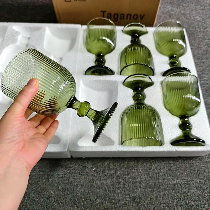 Taganov Green Drinking Glasses set of 6 Big Wine Goblets Vintage Colored Glassware 13 oz for Wedding Party Bar Vertical Line Embossed Pattern Stemmed Cups 400ml - Image 4