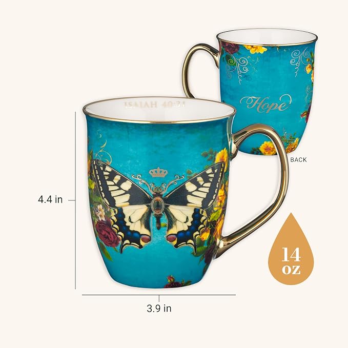 Christian Art Gifts Teal Butterfly Ceramic Coffee Mug with Gold Accents – 14 oz. Lead & Cadmium-free Inspirational Scripture Coffee and Tea Mug for Women & Men with Bible Verse: Hope – Isaiah 40:31 - Image 2