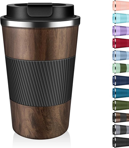 Insulated Coffee Tumbler 12 oz, Stainless Steel Coffee Mug with Lids, Travel Coffee Mug Leak Proof, Double Wall Vacuum Insulated Reusable Coffee Cup, Keep Drinks Hot and Cold (Wood, 12 Ounces) by Unknown