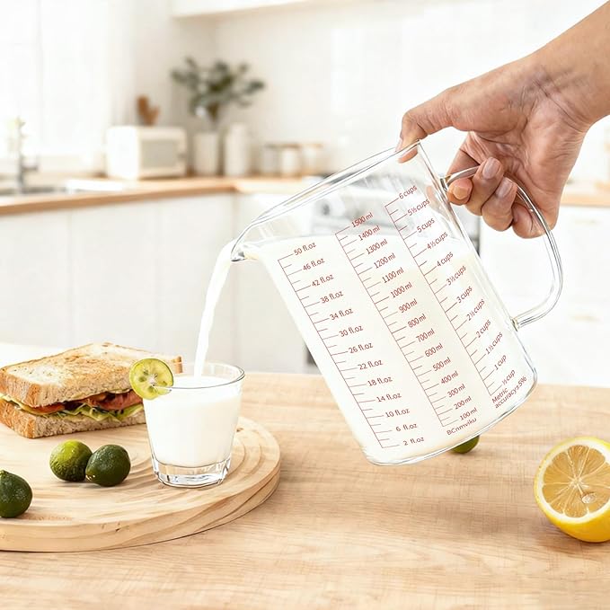 BCnmviku Glass Measuring Cups 6Cup/1500ml/50oz High Borosilicate [Insulated Handle | V-Shaped Spout]For Prepping Baking and Cooking Preheated Oven Dishwasher Freezer and Microwave Safe (1500ML)