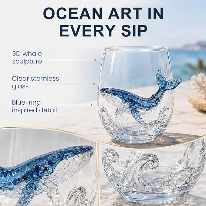 Coastal Stemless Wine Glasses Set of 4, 12oz 3D Ocean Animal Artisan Glassware Collection with Unique Sea Life Designs (B - Set of 1) - Image 2