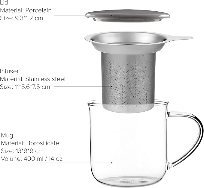 VIVA Minima Eva Glass Tea Cup with Mesh Infuser - Coffee Mug With Porcelain Lid/Saucer - 14 oz / 400 ml, Wool