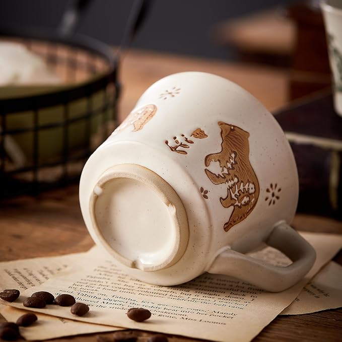 12oz Vintage Ceramic Coffee Mug Set of 4 - Handmade Stoneware Pottery Countryside Farmhouse Fall Autumn Tea Mugs with Big Handle for Latte,Cocoa,Dishwasher & Microwave Safe Cups (Animals) - Image 5