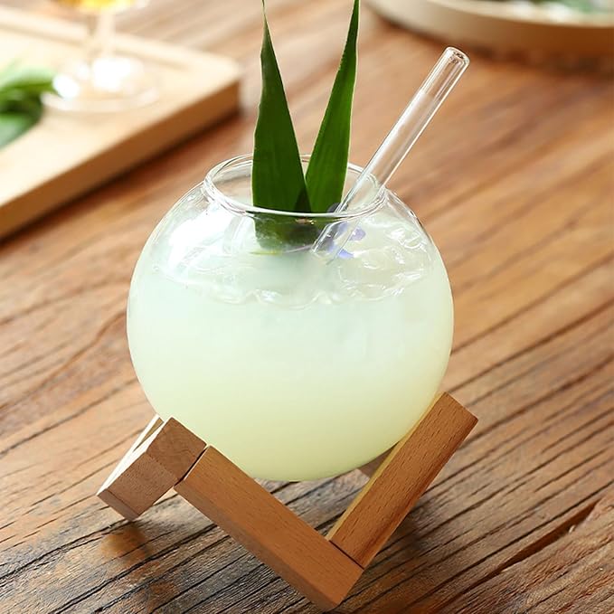 Drink Cup Cocktails Mug Glassware Juices Tumblers Creative Ronud Ball Glass Cup with Wood Stand Drinking Glassware Restaurant Cold Drinking Juices Cups - Image 6