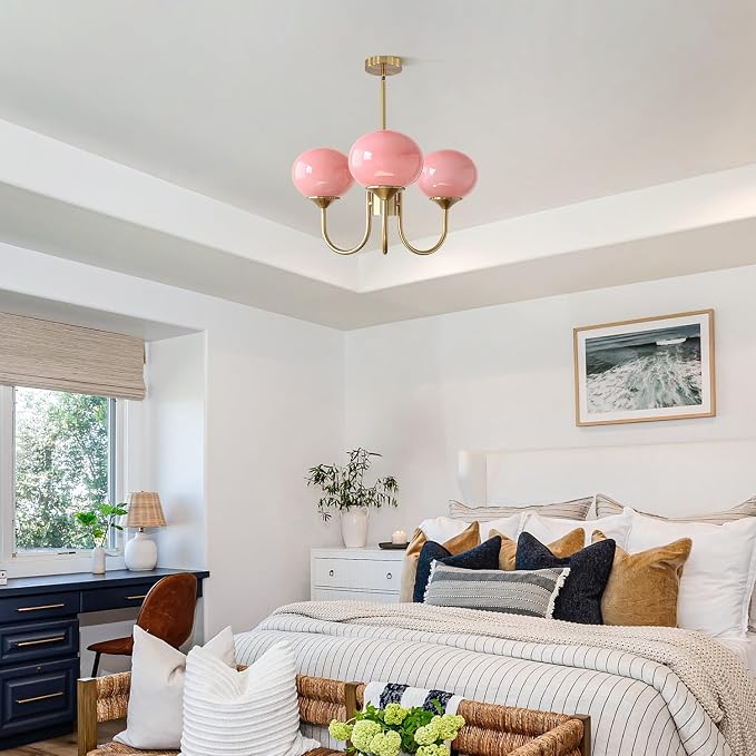 Pink Globe Chandelier for Girls Room Mid Century Modern 3 Light Pendant Lights Vintage Gold Semi Flush Dining Room Light Fixture Retro Pink Ceiling Lamp - Image 5