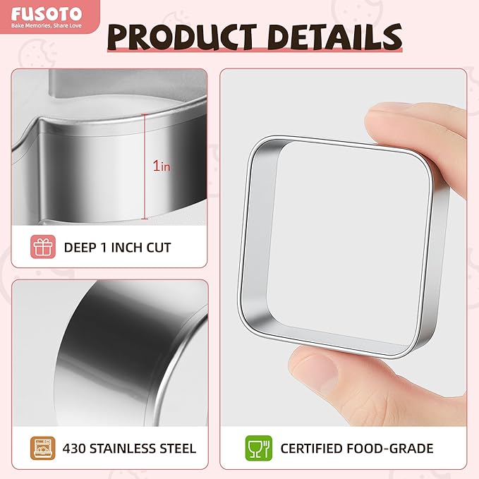 6PCS Square Cookie Cutters Set, Stainless Steel Kitchen Baking Supplies, for Biscuit, Homemade Cookies, Cake Decorating, Geometric Cookie Cutter, (1.5", 2", 2.5", 3", 3.5", 4"), Square