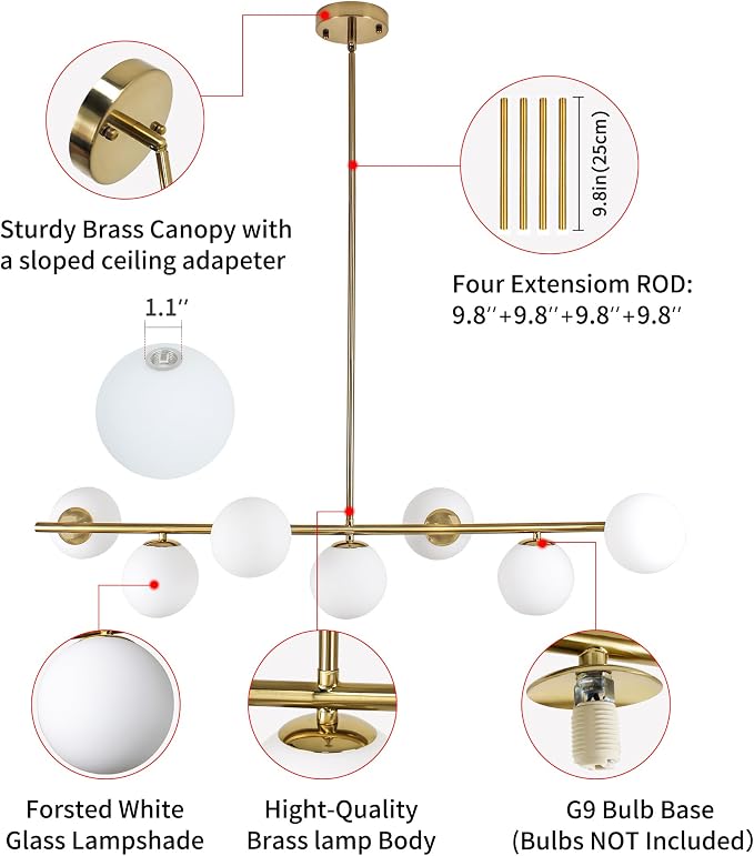 Modern Linear Gold Chandelier for Dining Room, 7-Light Adjustable Dimmable Ceiling Light with Glass Globes, Kitchen Island Pendant Lighting Mid Century Light Fixture for Living Room Bedroom Foyer - Image 2