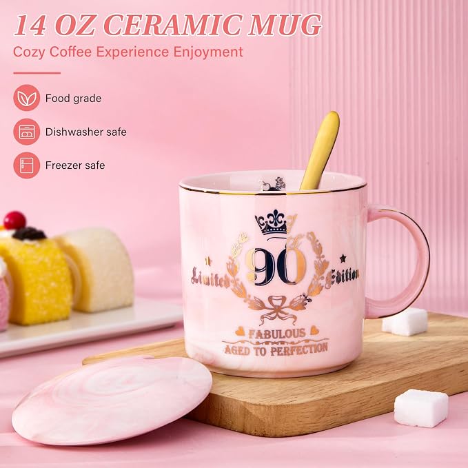Biching 90th Birthday Gifts for Women - Aged to Perfection Coffee Mug | Unique 1936 Birthday Present for Grandma Mom Wife Friend Sister, 14oz Ceramic Coffee Mug Printed Gold with Lid Spoon Card Box - Image 2