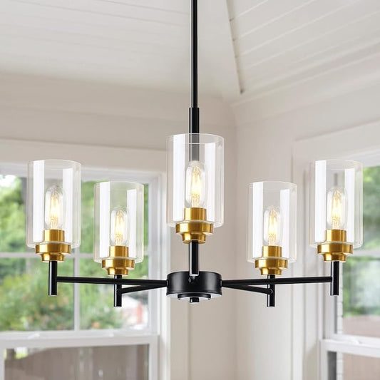 Kitchen Island Lighting - 5 Lights Modern Glass Chandelier for Dining Room, Farmhouse Pendant Light Over Table for Foyer Living Room Bedroom (Black and Gold) by Yarlkav