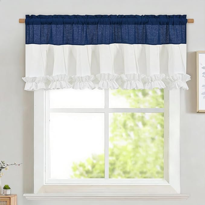 Likiyol Linen Valances for Windows Farmhouse Window Valances with Ruffle Rustic Country Light Filtering Kitchen Valance Curtains Rod Pocket Valance for Bathroom Cafe, Navy Blue White, 52" W X 18" L - Image 8