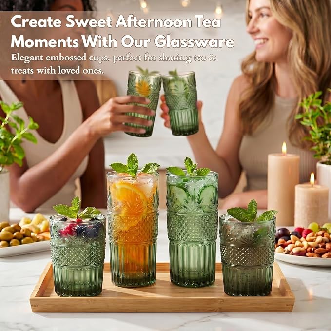 Green Drinking Glasses Set of 12, 12 Oz Highball & 10 Oz Cocktail Glasses, Green Kitchen Vintage Glassware Set, Floral Embossed Glass Tumbler Cups for Beer, Juice, Whiskey, Coffee(Pineapple) - Image 7