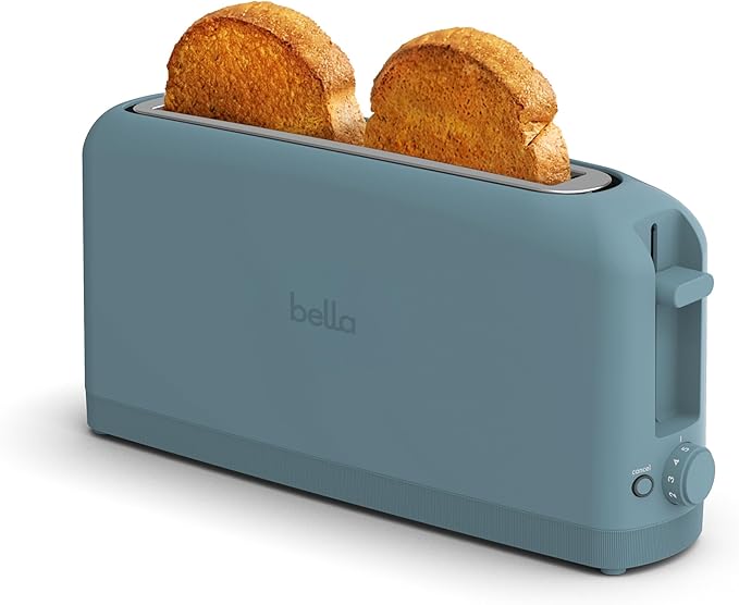 bella 2 Slice Slim Toaster, Fits-anywhere™ Kitchenware, 6 Setting Shade Control with Reheat & Cancel Buttons, Fits Sourdough, 10” Long Slot, Anti Jam & Auto Shutoff, 900 Watt, Surf by bella