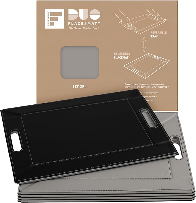 2-in-1 Serving Tray & Placemat | Faux Leather & Reversible | Lays Flat as a Placemat or Folds into an Ottoman Food Tray, Easy to Clean by FREEFORM