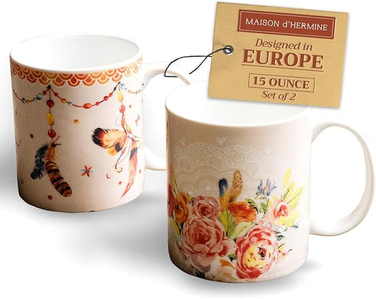 Maison d' Hermine Coffee Mug with Handles Tea Cups (15 Ounce, Pack of 2) | Fine Bone China Coffee Mugs for Hot Beverages Cappuccino Latte Home Restaurant Hotel Spring Summer -Ibiza - Beige by MaisondHermine