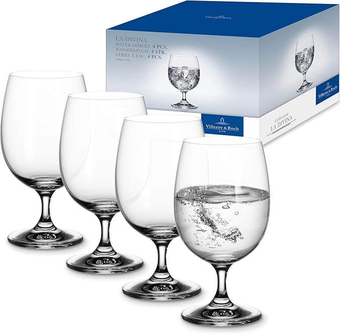 Villeroy & Boch La Divina Collection Water Goblet, Set of 4, Crystal Glass, 11 oz Capacity, Clear | Crystal glass water goblets, made in Europe, dishwasher safe, dress up water service for stylish occasions by Unknown