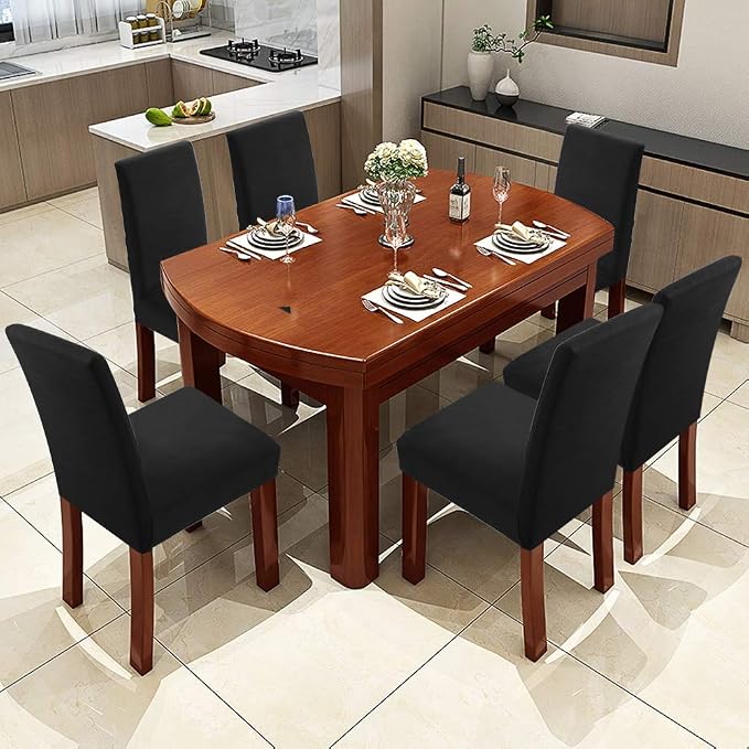Fuloon 6 Pack Super Fit Stretch Removable Washable Short Dining Chair Protector Cover Seat Slipcover for Hotel, Dining Room, Ceremony, Banquet Wedding Party | Solid Black, Set of 6, Super Fit, Stretch, Removable, Washable, Suits for Hotel, Dining Room,... - Image 2