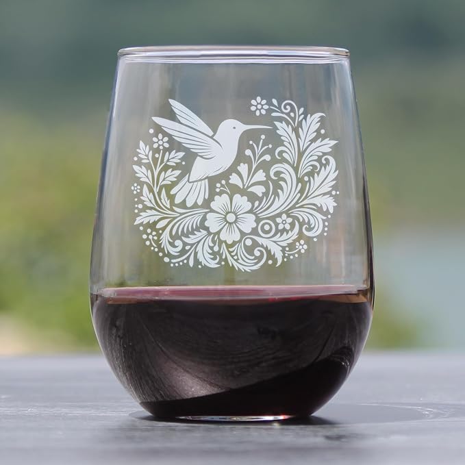 Hummingbird Stemless Wine Glass, Hand Engraved Floral Bird, Nature Lover Glassware, Botanical Art Etched for Her - Image 2