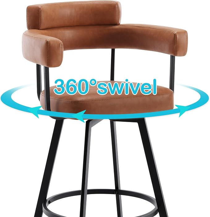 Flouki Swivel Bar Stools with Backs and Arms, Modern Faux Leather Counter Stools Set of 2 for Kitchen Island, 26" Upholstered Counter Height Bar Stools for Kitchen Counter, Dining Room, Brown - Image 5