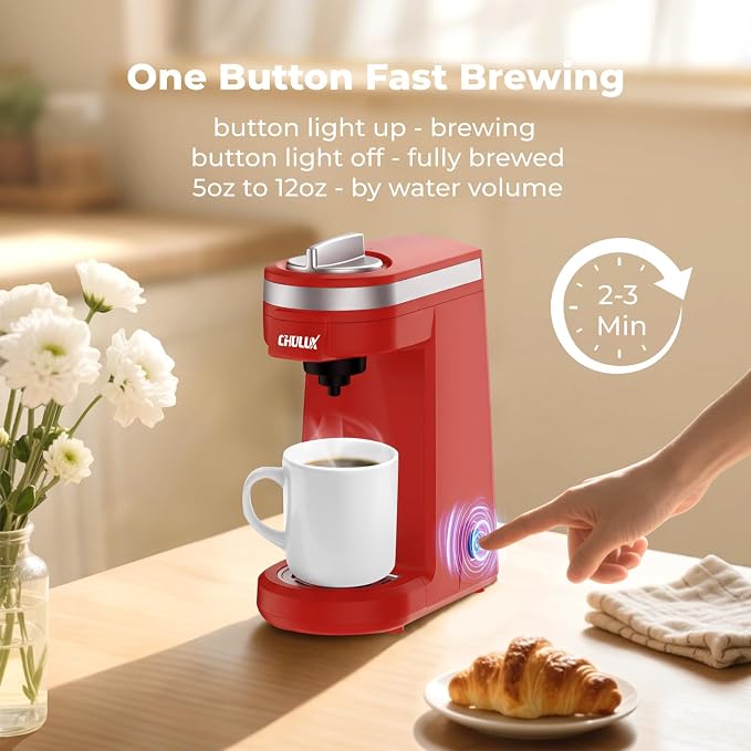 CHULUX Mini Single Cup Coffee Maker for K Pod, Perfect for Small Space, Red | Fast-Heating Boiler System, Single Cup Brewing, Portable Compact Design, Four-Hole Multi-Stream Needle, Adjustable Drip Tray - Image 3