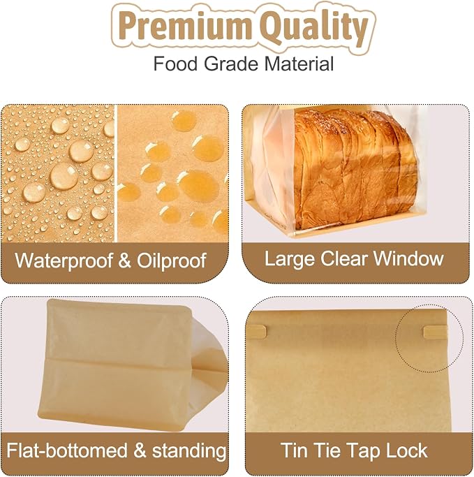 Bakery-Grade Bread & Cookie Bags for Homemade Snack, 2-Size 25Pcs | Luxury Brown Paper Bags with Clear Window, Reusable Tin Tie, Odor-Free Safe for Sourdough, Popcorn, Bake Sales& Snack Storage - Image 6