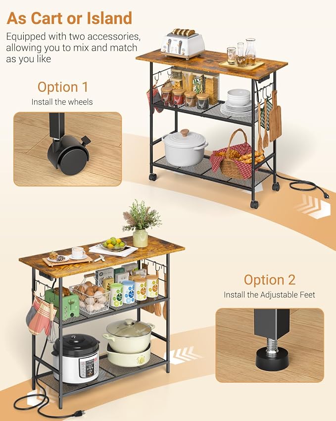 Kitchen Island with Power Outlet, Rolling Kitchen Cart with 6 Hooks and Protective Shelf, Microwave Stand on Lockable Wheels, Bakers Rack Coffee Bar for Dining, Living Room, Outdoor, Metal Frame - Image 7