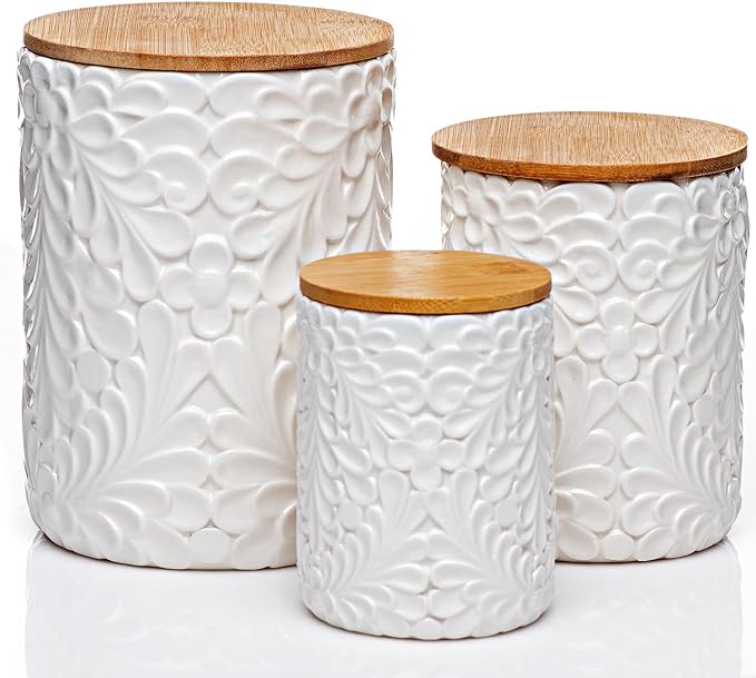 Engraved Design Kitchen Canisters Set of 3 with 74 Oz, 36 Oz, and 18 Oz - White Storage Jars for Countertop with Airtight Bamboo Lids - Large Flour Tea Coffee Sugar Spices Container - Decorative by 25DOL