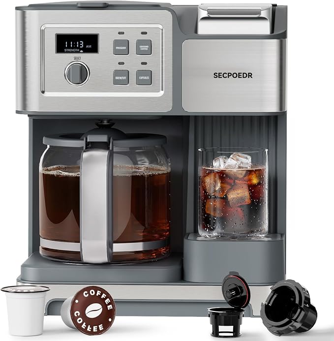 2-Way 12-Cup Programmable Brewer Coffee Maker (Silver) | Compatible with K-Cup Pods & Grounds, Single Serve & Full 12 Cup Pot, 4H Keep Warm, Fast Brewing for Home & Office Use by FOLLOWUS