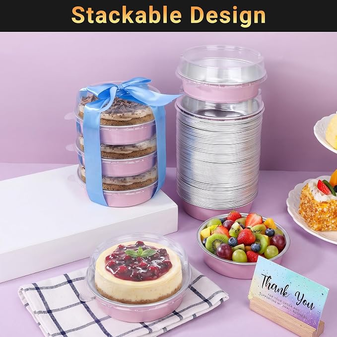 Beasea Disposable Mini Pie Tins with Lids, 20 Pack 7.3oz Aluminum Baking Foil Tins Small Round Tart Container for Individual Dessert Cupcake Muffin Cheesecake Quiche Oven Dishes - Pastel Pink - Image 4