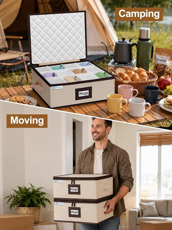 punemi Mug Storage Organizer, 2-Pack Hard Shell Boxes for Packing & Moving | Padded dividers, stackable design and carry handles for coffee mugs, tea cups and china storage, beige - Image 9