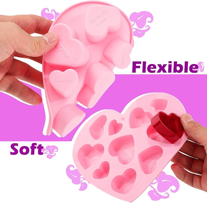 Patelai 4 Pieces Conversation Heart Molds Mixed Size 40 Holes Valentine's Day Heart Shaped Silicone Molds Non Stick for Chocolate Fondant Jelly Pudding Dessert Baking Candy(Pink, Purple) - Image 3