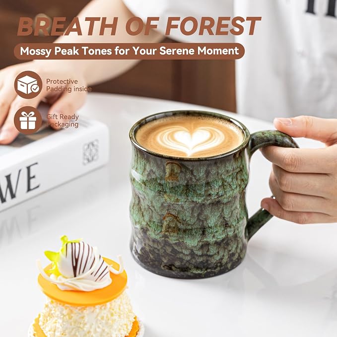 Unique Reactive Glaze Ceramic Coffee Mug - 15 oz Large Coffee Cup with Ergonomic Large Handle, Forest Green Ceramic Mug for Office & Home, Great Birthday Gift for Women, Men & Friends - Image 5