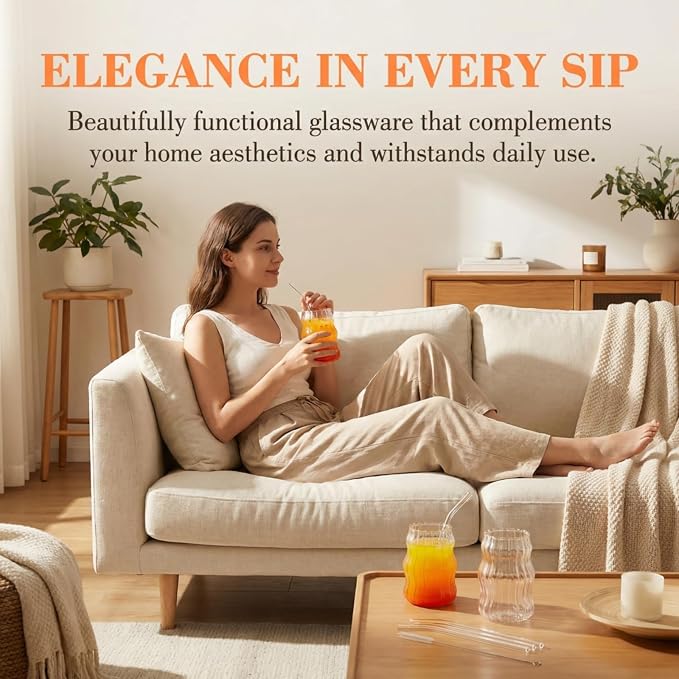 Tebery 4 Pack Cute Drinking Glasses, 16 Oz Ribbed Iced Coffee Cup Tumbler with Straws, Aesthetic Vintage Water Glassware Mug for Cocktail Smoothie Juice Beverage Milk Tea - Image 7