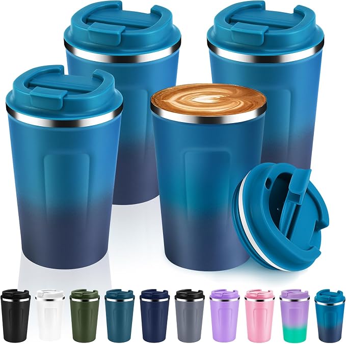 Volhoply 12 oz Double Wall Insulated Vacuum Travel Coffee Mug with Flip Lid Bulk 4 Pack,Reusable Stainless Steel Leak Proof Coffee Cups,Portable Thermal Tumbler for Hot & Cold Drinks(Dark Night,4 Set) by LiveFully%EF%BC%8CDrinkFreely%E2%80%94KeepGoingwithVolhoply%EF%BC%81